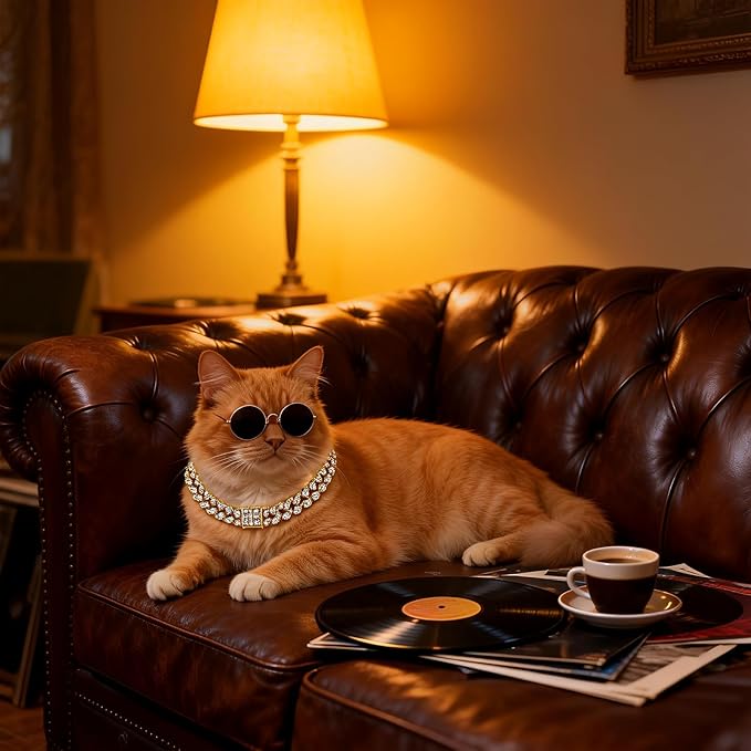 Dog Sunglasses with Rhinestone Chain Necklace, Cool Glasses Dog Collar Necklace for Cats Dogs Dolll, Golden Sunglasses Gold Chain Funny Costumes for Small Pet Holiday Party Costume