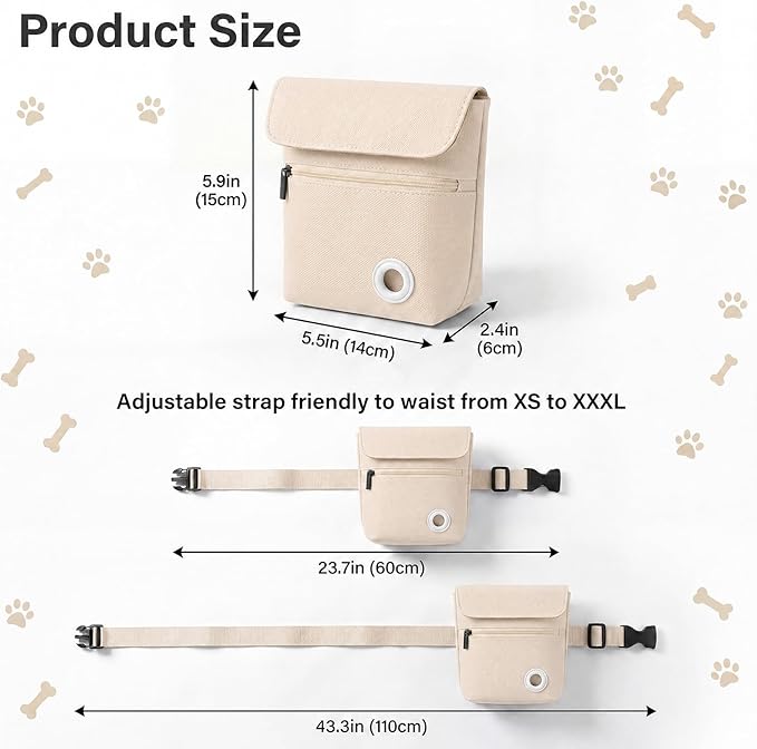 Dog Treat Pouch and Dog Training Clicker, Treat Bag with Poop Bag Dispenser, Powerful Magenetic Clasp, Metal Clip Waist Belt Fanny Pack for Pet Walk Dog Training (White)