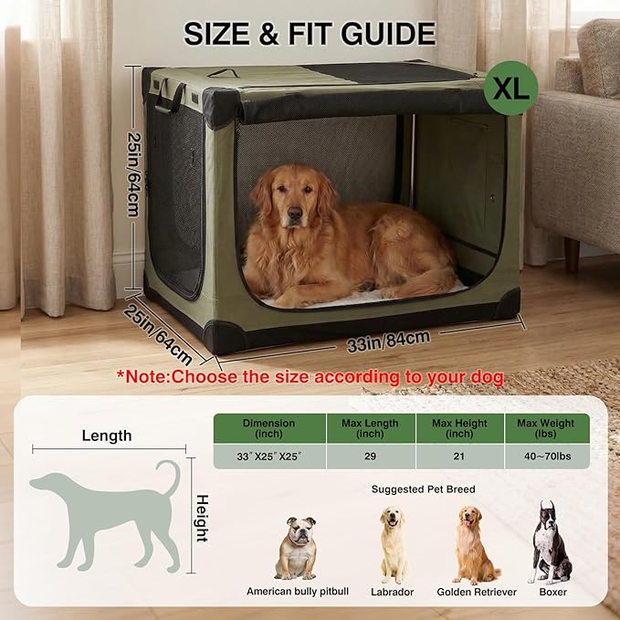 Veraste 33" L x 25" W x 25" H Collapsible Travel Dog Crate, Portable Soft Dog Kennel for Medium Large Dogs up to 60 lbs, 4-Door Foldable Travel Crate with Durable Mesh & Storage BagGreen