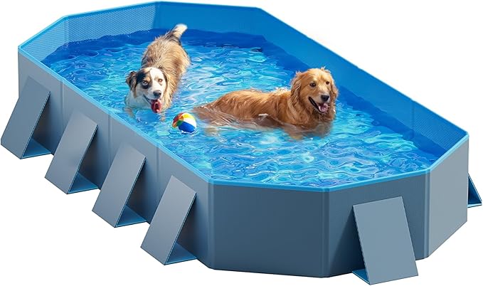 Peteast Foldable Dog Pool with Sturdy Square Design, Durable 82" Lx46 Wx12 D Extra Large Portable Pet Bathtub with Reinforced Sidewalls for Stability, Ideal for Indoor & Outdoor Use (Blue&Dark Gray)
