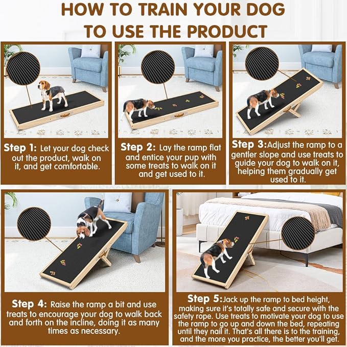 Dog Ramp for Couch with Non-Slip Silicone Mat, 39" Wooden Pet Ramps for Small Dogs, Hold up to 100lb, Adjustable Height from 11.41" to 20.47", Portable Stable Pet Step for Sofa Stairs