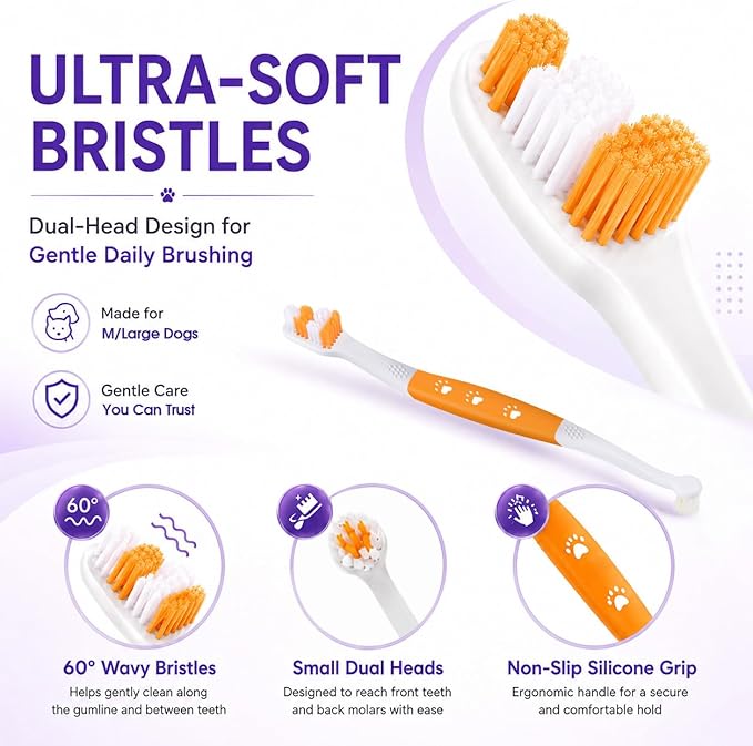 Dog Toothbrush – Newly Upgraded Dual-Head Design with 60° Wavy Bristles–Gently Surrounds Teeth for Deep Cleaning and Plaque Removal – Non-Slip Handle, Ideal for Daily Pet Dental Care (Orange, 2-Pack)