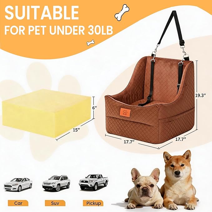 Dog Booster Car Seat for Small to Medium Dogs Up to 35 lbs, Elevated Pet Car Seat with 2 Safety Belts, Detachable Washable Cover, Non-Slip Stable Base, Front/Back Seat Travel Booster