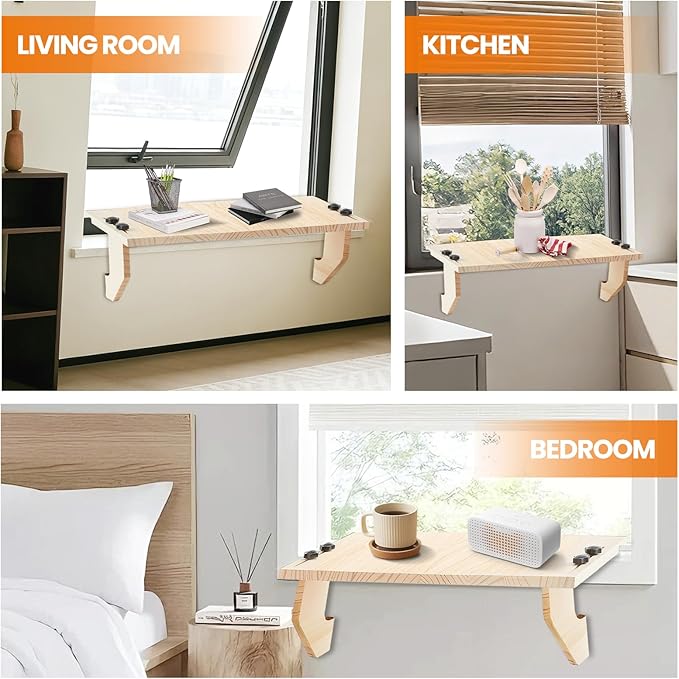 Window Plant Shelf Stands, 22" Sill Extender for Indoor Plants-Verify Sizing First-Adjustable Window Sill Extender, Wooden Cat Perch, Floating Table, No Drilling Without Damage Renter Friendly Design