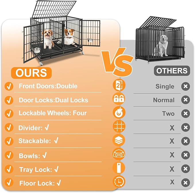 Homey Pet 43 Inch 2 Tiers Dog Crate Cage Kennel with Divider, Stackable Heavy Duty Dog Crate for Large Dogs, Escape Proof Indestructible Dog Kennel Indoor with Removable Tray, Lockable Wheels(4 Packs)