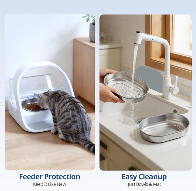2-Pack Stainless Steel Cat Bowls + 1 Feeding Mat, Specially Designed for Automatic Microchip cat feeders Upgraded Rubber Sealing Ring Design, Durable, Safe for Hands and Pets During Cleaning