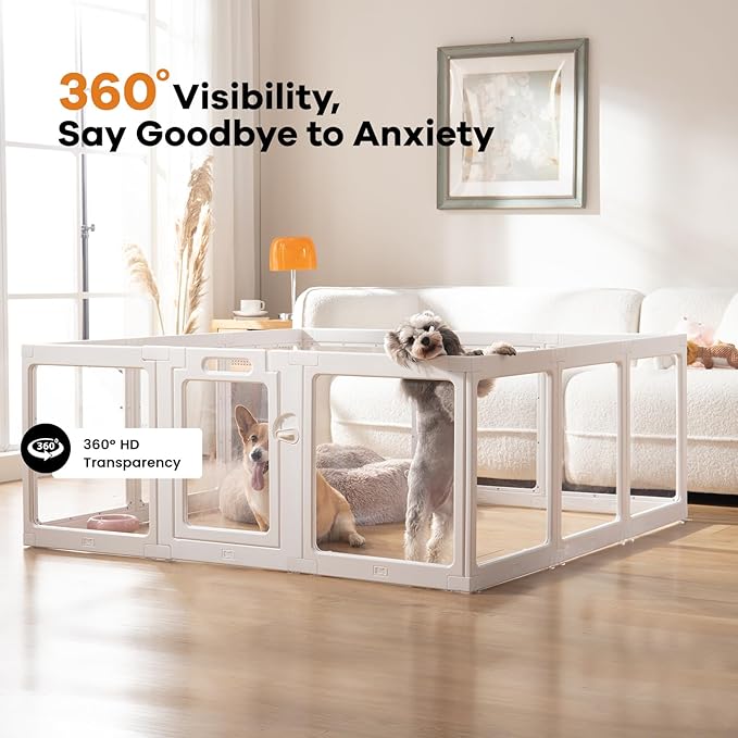 Clear Acrylic Dog Playpen Indoor, Puppy Cat Small Pet Play Pen, Pet Cat Playpen for Rabbits, Dog Fence Crate Kennel Whelping Cage (White, 8 Panel)