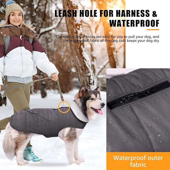 Dog Winter Jacket for Extra Large Dogs, Easy on 3XL Dog Snow Coat Velcro Waterproof Pet Puffer Clothes with Harness Hole Adjustable Reflective Quilted Pet Cold Weather Vest for Boy Male