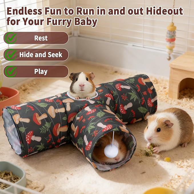Rypet 3-Way Guinea Pig Tunnel, Collapsible Small Animal Enrichment Toy with Ball, Foldable Rabbit & Hamster Tunnel for Boredom Relief, Washable, Indoor/Outdoor Play