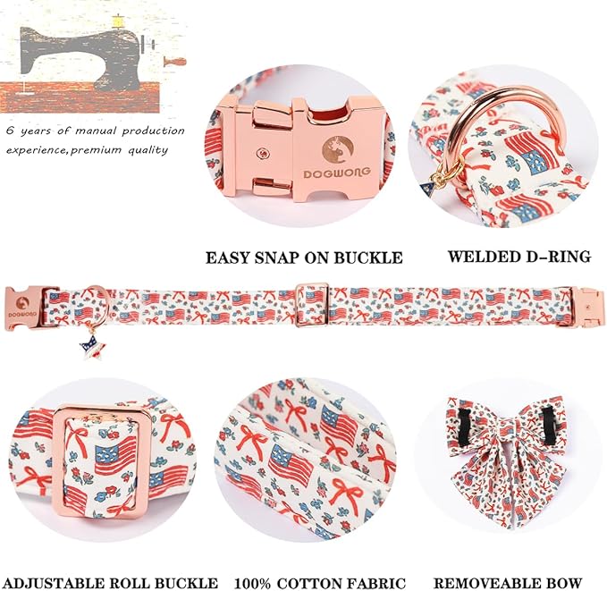 DOGWONG American Flag Dog Collar with Sailor Bow - Adjustable and Comfortable 4th of July Dog Collar Patriotic Necklace for Large Medium Small Pet,S