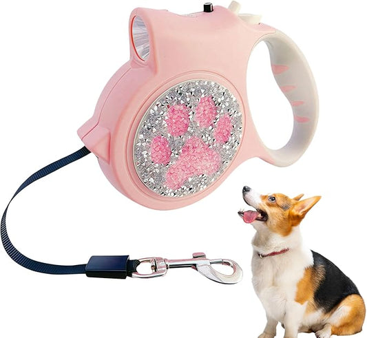 Led Retractable Dog Leash – 16ft Leash with Handcrafted Sparkle Detail Tangle-Free One-Hand Brake Soft Grip Handle for Small & Medium Dogs Up to 77lbs (DL-PK)