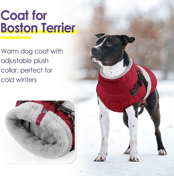 Dog Coat, XXXL Dog Jacket Winter with Harness Built in, Waterproof Pet Snow Jacket with Furry Collar for Chilly Day, Reflective Fleece Snowsuit for Extra Large Dogs, Burgundy 3XL