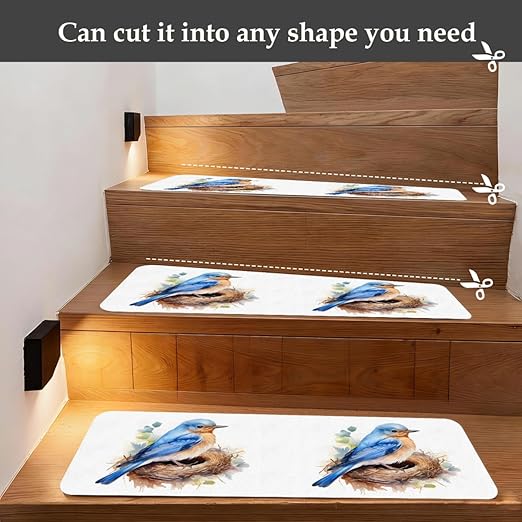 Animal Blue Bird Stair Treads for Wooden Steps Indoor Washable Staircase Carpet 1PCS 30"x7.8" Stair Step Treads Non-Slip Staircase Covers Peel and Stick Safety Mat for Kids Elders Pets