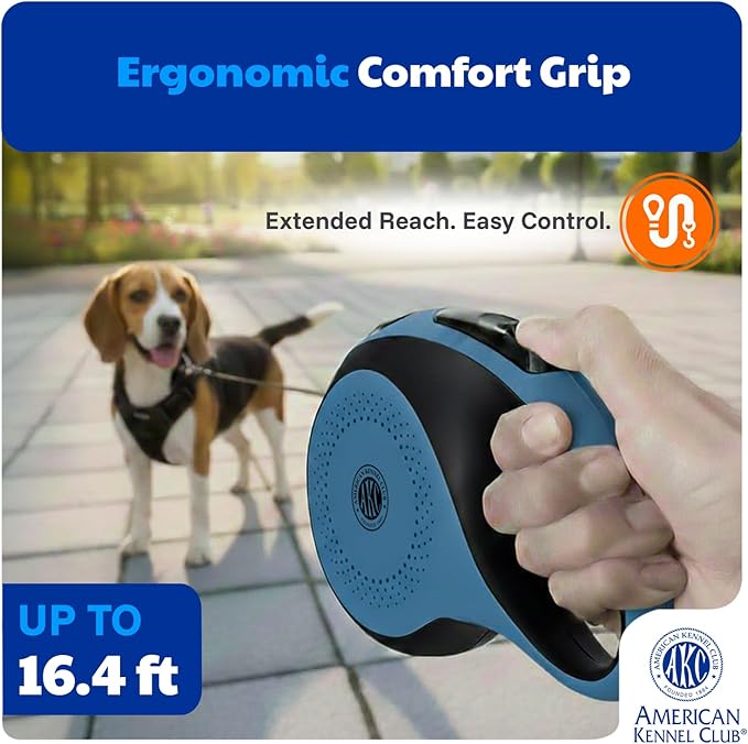 American Kennel Club Heavy Duty Retractable Dog Leash, 16.4ft, Tangle-Free, Ergonomic Grip, One-Hand Brake, for Medium & Large Dogs up to 110 lbs Gray