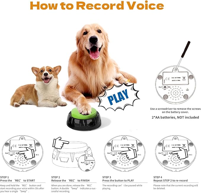 Recordable Pet Button, Dog Buttons for Communication Pet Training Buzzer, 30 Second Record & Playback, AA Battery for Longer Battery Life, (4 Pack Light Color)