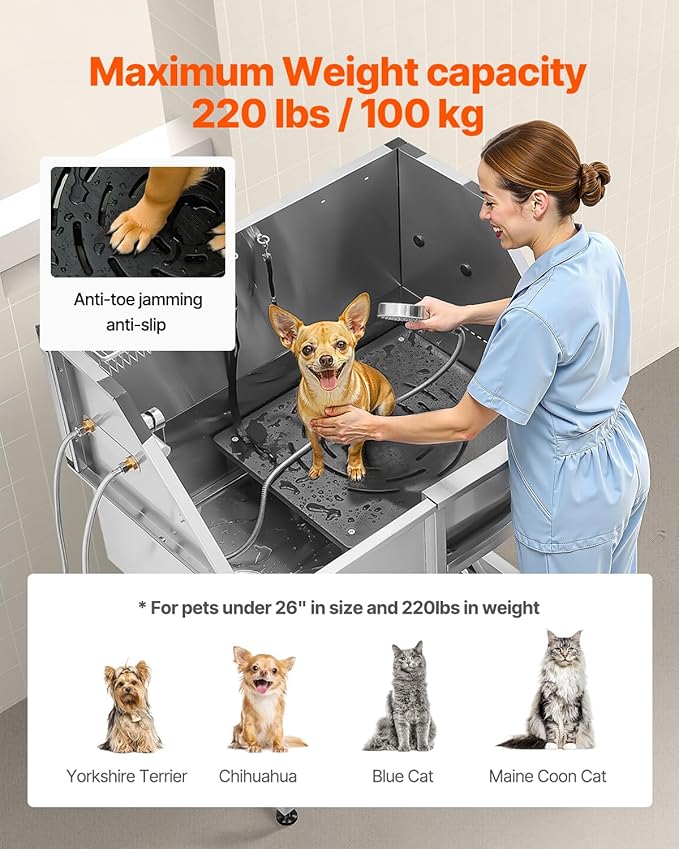 VEVOR 38 Inch Stainless Steel Dog Washing Station, Pet Grooming Tub with Hot & Cold Faucet, Showerhead, Home Wash Sink, Fits Small and Medium Cats and Dogs, Non-Slip Stairs (Right Door)