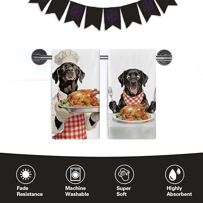 Funny Chef Black Labrador Dog Kitchen Dish Towels Set of 2, Roast Turkey Drying Hand Towel Baking Cooking Cloth, Thanksgiving Bathroom Home Decoration Pet Dog Owner Lover Gifts 18'' x 26''
