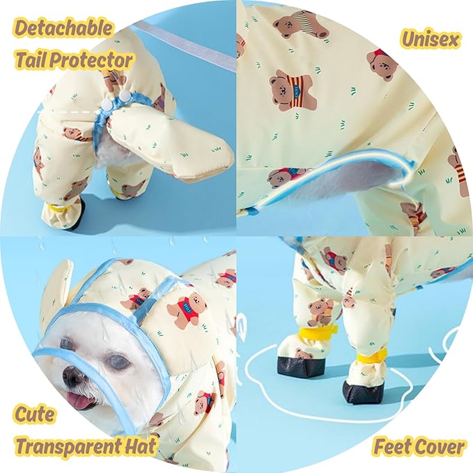 Small Dog Raincoat, Tail Protect Feet Cover Waterproof Dog Rain Jacket Dog Rain Coat for Puppy Small Dogs (Yellow Beaar,XS)