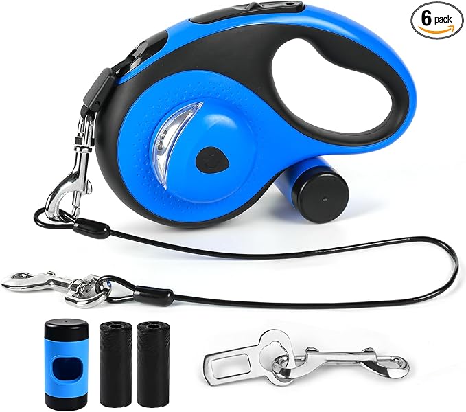 26ft Heavy Duty Retractable Dog Leash for Large Dogs, Dog Leash with Poop Bag Holder, Up to 100lbs, with LED Light, Chew Proof Cable, One-Handed Pause & Lock, 360° No Tangle. (Blue, 26Ft)