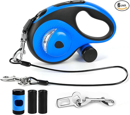26ft Heavy Duty Retractable Dog Leash for Large Dogs, Dog Leash with Poop Bag Holder, Up to 100lbs, with LED Light, Chew Proof Cable, One-Handed Pause & Lock, 360° No Tangle. (Blue, 26Ft)