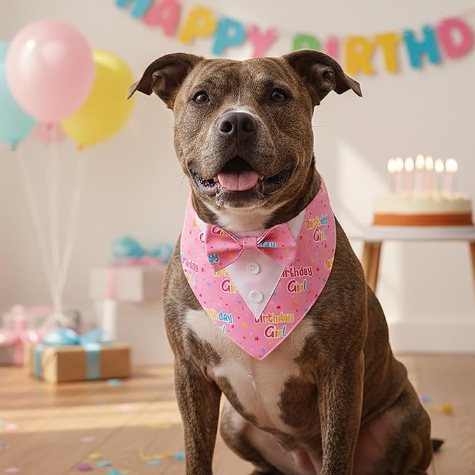 ADOGGYGO Birthday Girl Dog Tuxedo Bandana, Pink Collar with Bow Tie, Adjustable Formal Birthday Costume for Large Dogs (L)