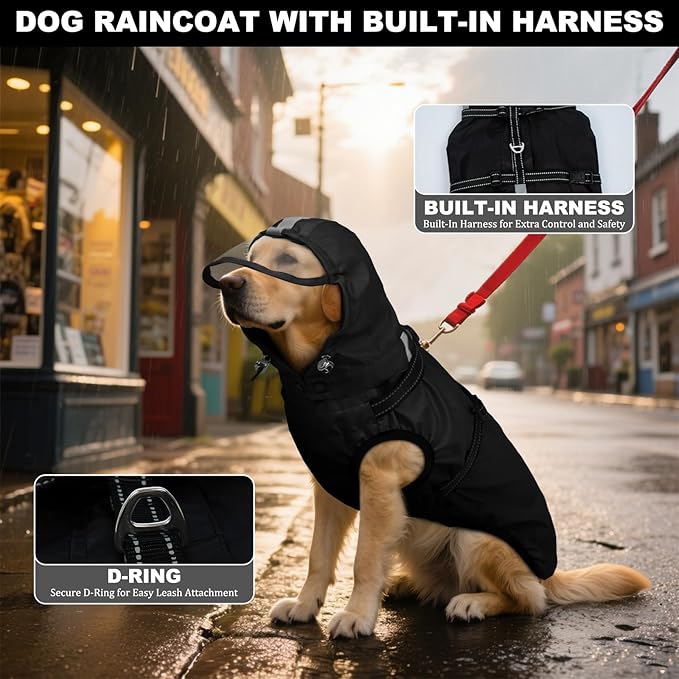 Dog Raincoat for Medium Dogs, Dog Rain Jacket with Adjustable Built-in Harness & Back Zipper, Reflective Strip, Removable Hood, for Rainy Walks, Muddy Roads or After-Bath Outings - Black M