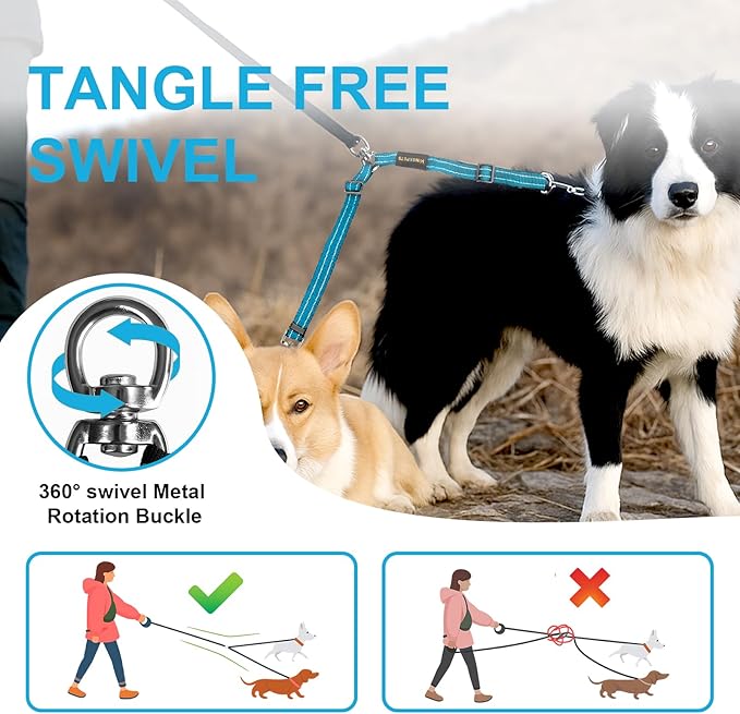 MingXpet Double Dog Leash for Two Dogs, No Pull Dog Leash, 360° Swivel No Tangle for Medium Dogs Walking & Training, Shock Absorbing Reflective Bungee, Blue