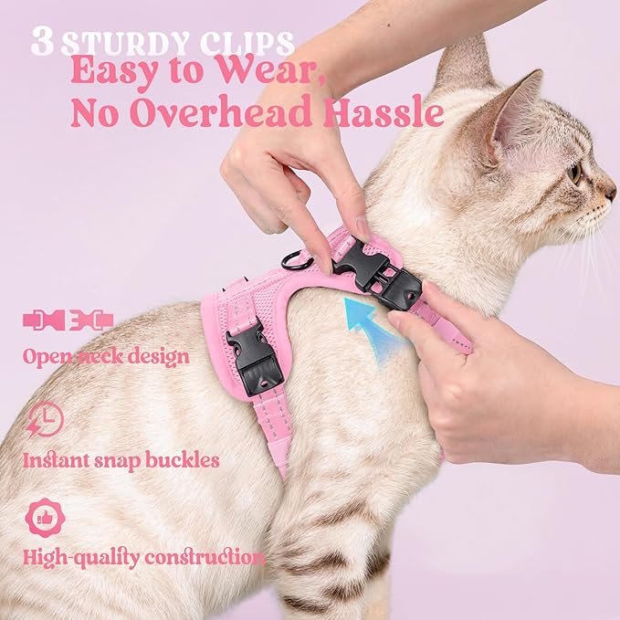 rabbitgoo Cat Harness and Leash, Escape Proof Vest with 3 Adjustable Buckles, Soft Comfortable Kitten Harness, Easy to Wear, Reflective for Safe Outdoor Walking, XS, Pink