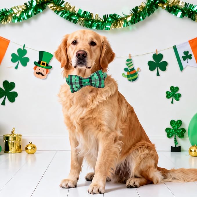 DOGWONG St. Patrick's Day Dog Collar with Bowtie, Green Plaid Bowtie Dog Collar for Small Medium Large Dogs,M