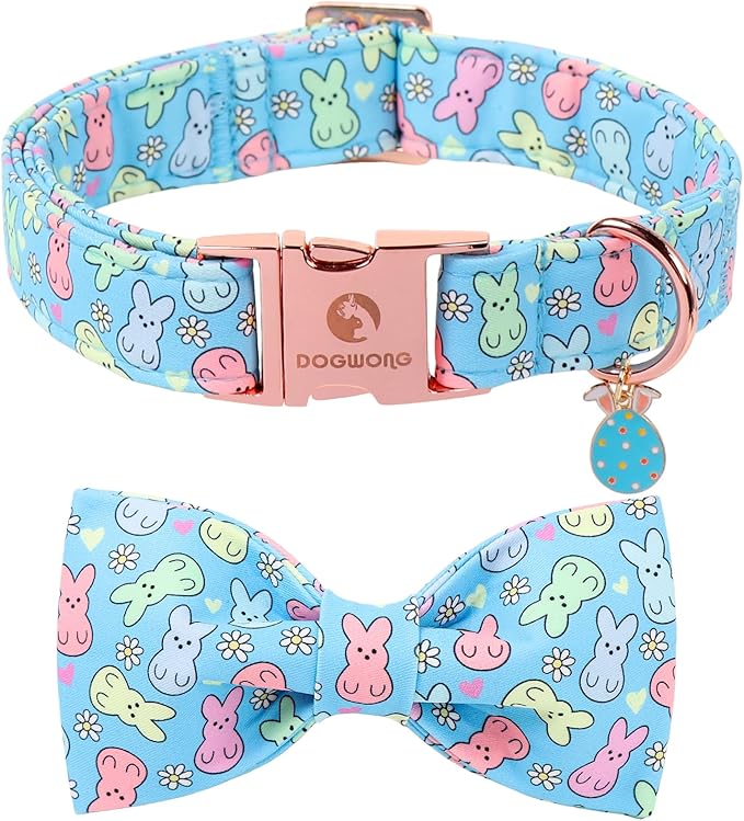 DOGWONG Easter Dog Collar, Blue Bunny Print Dog Collar with Bow, Girl Boy Pet Spring Holiday Dog Collars for Large Dogs,L