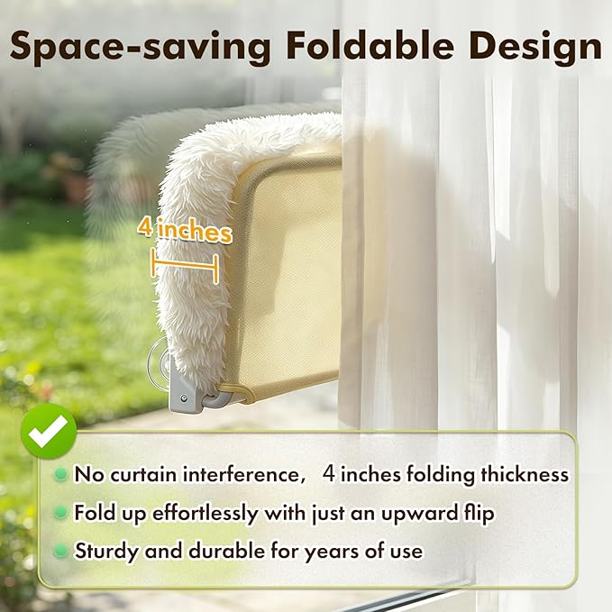 Zoratoo Cloud-Snuggle Cat Window Perch with 4-Sided Ultra-Thick & Fluffy Plush Cushion Bed, Foldable Cordless Cat Window Hammock for Window with Sturdy Metal Frame for Large Cats and Kittens (L,White)