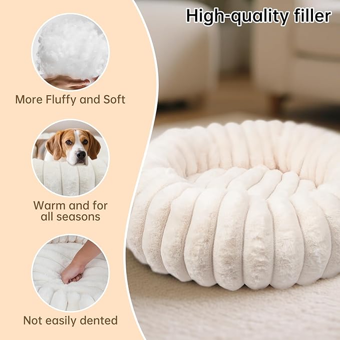 Donut Dog and Cat Bed, Luxurious Comfortable Faux Rabbit Fur Pet Beds, Round Anti-Anxiety Calming Puppy Kitten Bed with Anti-Slip Bottom for Small Medium Dogs & Cats(20", White)