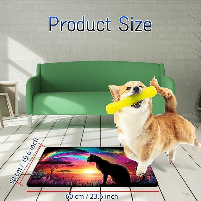 Dog Food Mat, 19.6" x 23.6" Absorbent Pet Feeding Mat for Food and Water, Waterproof Diatom Mud Pet Placemat with Non-Slip Rubber Backing, Cat Bowl Mat for Floors - Sunset Cat Back View