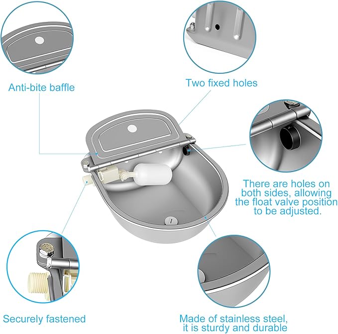 Automatic Pet Water Bowl with Float Valve, 304 Stainless Steel, Includes Bowl, Valve, 40" Hose, Adapters, Bolts, Wrench, Fits 1/2" & 3/4" Faucets, for Dogs/Livestock, Drain Hole
