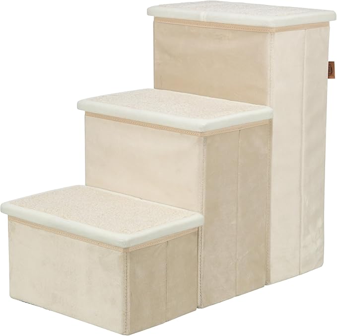 Trixie Velour Foldable 3-Step Pet Stairs with Storage, Collapsible, Storage Compartments for Pet Toys, Beige