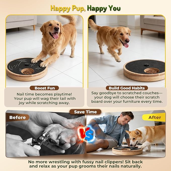 Dog Nail Scratch Board with Treat Box - Anti-Slip Rotating Dog Paw Care File Toy, Wooden Dog Scratch Pad for Nails with Adjustable Tension, Stress-Free Grooming & Enrichment for All Dogs Sizes, Black
