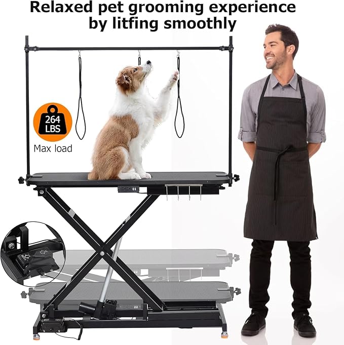 47 Inch Dog Grooming Table, Electric Hydraulic Pet Grooming Table, Dog Grooming Station with Aluminium Overhead Arm, Anti Slip Tabletop, Tool Organizer, Height Adjustable, 264 LBS Capacity, Black