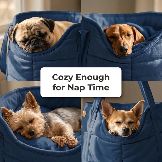 Plush Dog Purse Carrier for Small Dogs, Soft Dog Tote Bag with Safety Harness Clip, Cozy Pet Carrier for Dogs Under 15 lbs, Comfortable Dog Shoulder Carrier for Travel, Dark Blue