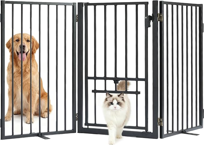 Full Metal Freestanding Dog Gate with Cat Door for Outdoor & Indoor,34" Tall Foldable Pet Fence,60" Extra Wide Free Standing Dog Gate for RV Camping,Stairs,Hallways,Doorways,Deck,Yard (3 Panels,Black)