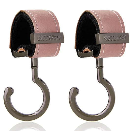 2 Pack Stroller Hooks,Strong Synthetic Leather Hook-and-Loop Fastener&High-Quality Metal Hooks,Universal Bag Clip|360° Rotation, 66lb Capacity,Non-Slip-Fits Wheelchair(Pink-Silver Gray)