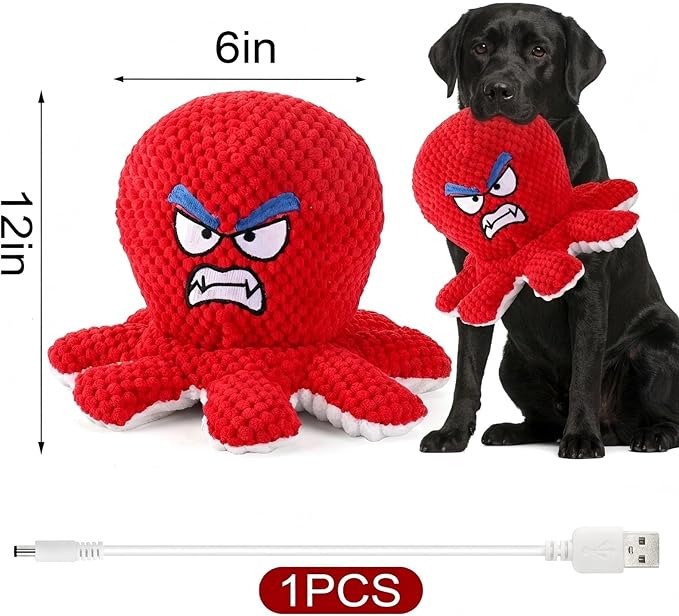 Interactive Jumping Octopus Dog Toy with Recording & Music Modes, Rechargeable Moving Squeaky Toy for Small, Medium & Large Dogs, Bouncing Pet Chew Toy to Relieve Stress & Burn Energy