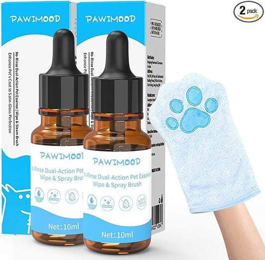 2PCS Concentrated Waterless Shampoo Essence with Pink Grooming Glove, No-Rinse & Lick-Safe Essence for Steam Brushes, Gentle Care for Cats/Kittens/Seniors, Manage Shedding & Freshness (2, Blue Glove)