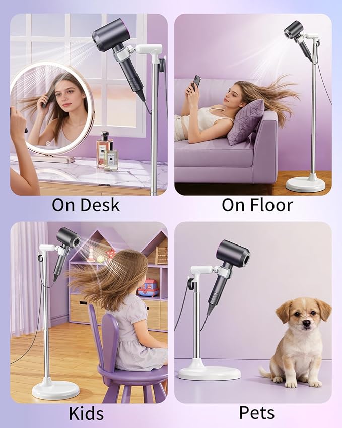 Floor Standing Hair Dryer Stand Holder, 360° Degree Rotating, 17 in - 51 in Height Adjustable Blow Dryer Stand Hands Free Works for Frozen Shoulder, Arthritis, & Wrist Pain Relief-Stand Type