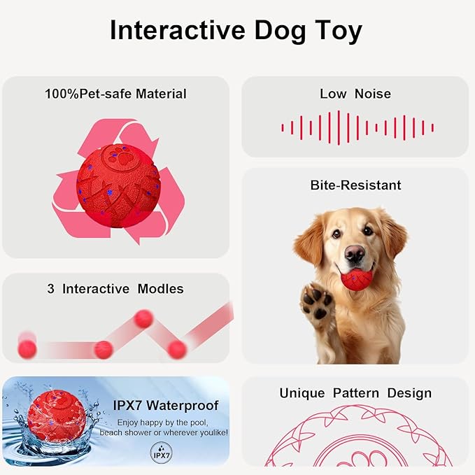 Moving Dog Toy, Interactive, Bouncing and Rotating, Silent Foam Material, IP54 Waterproof Rating, Smart Active Rolling, Stimulation Toys for Medium and to Keep Them Busy (Pink)