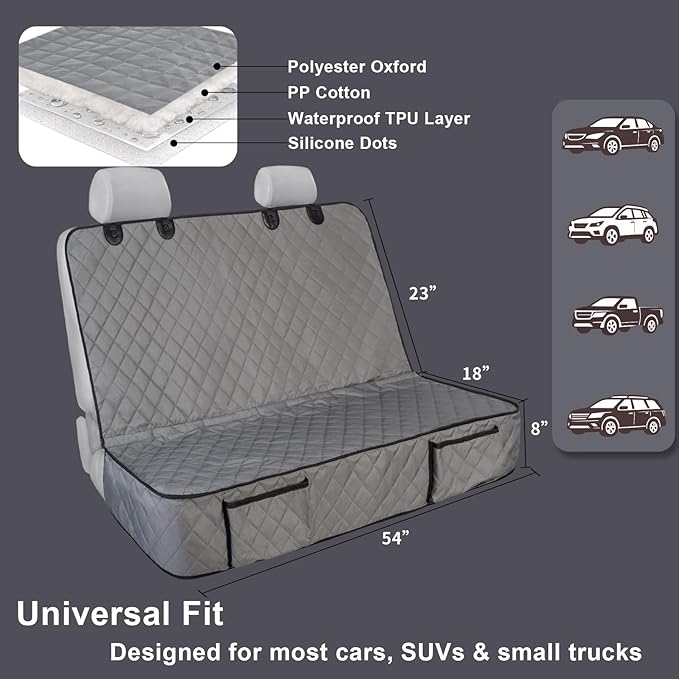 Dog Car Seat Cover for Back Seat, Waterproof and Non-Slip, Heavy-Duty Pet Seat Protector with Full Protection for Rear Bench on Cars SUVs Small Trucks (Grey, Standard Back)