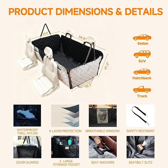 PETTALK Deluxe Dog Car Cover for Back Seat, Waterproof Reversible Dog Hammock for Backseat Non-Slip Pet Cover for Dogs with Mesh Window, Anti Scratch Seat Protector Universal Fit for Cars SUVs Trucks