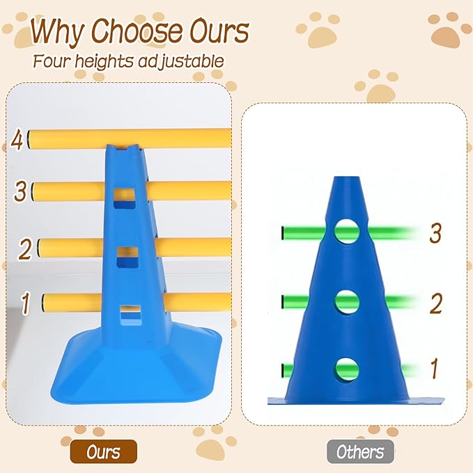 Dog Agility Hurdle Cone Set, Dog Agility Course Backyard Set with Height Adjustable Crossbar for Rehabilitation & Beginners, Dog Agility Equipment for Obstacle Courses,4 Height Levels (10 Pack