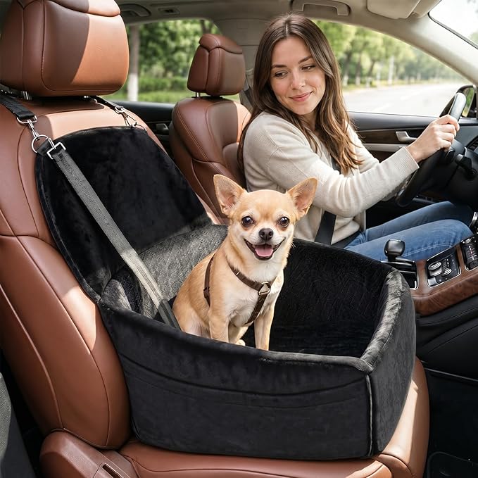 NUPIDA Dog Car Seat for Small Medium Dogs, Dog Booster Seat with Extendable Backrest, Pet Portable Car Seats up to 30 lbs, Washable Travel Bed with Storage Pockets and 2 Safety Leashes, Black