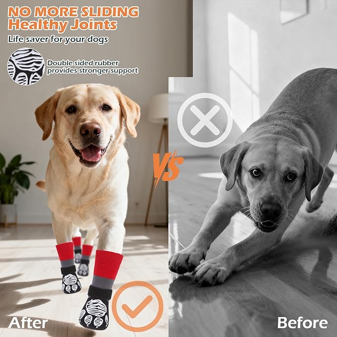 EXPAWLORER Christmas Anti Slip Dog Socks to Prevent Licking Paws, Dog Shoes for Hot Pavement, Dog Booties for Hardwood Floors, Dog Boots & Paw Protectors for Small Medium Large Senior Dogs Red Black L