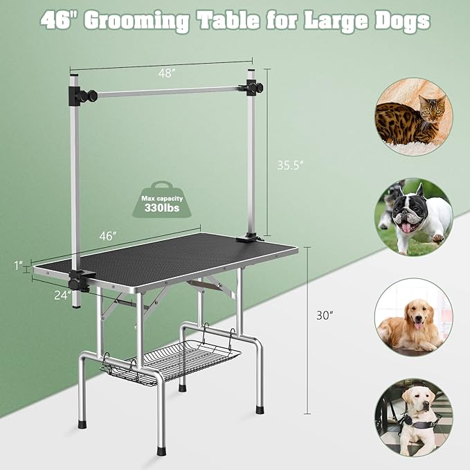 Dog Grooming Table, Adjustable Large Pet Drying Desktop, Foldable Bathing Desk with Arms, Noose, Mesh Tray, Maximum Capacity Up to 330Lb, 46in, Dark Black